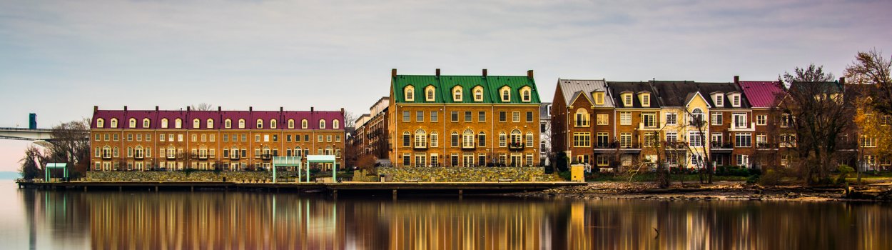 A row of buildings near a shoreline